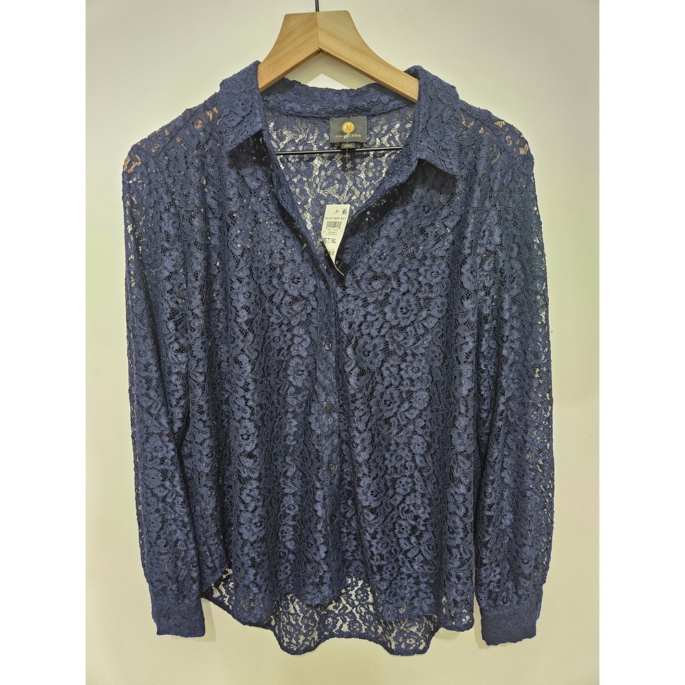 JM Collection Wildflower Way Navy Blue Lace Button Down Shirt Petite XL NWT‎